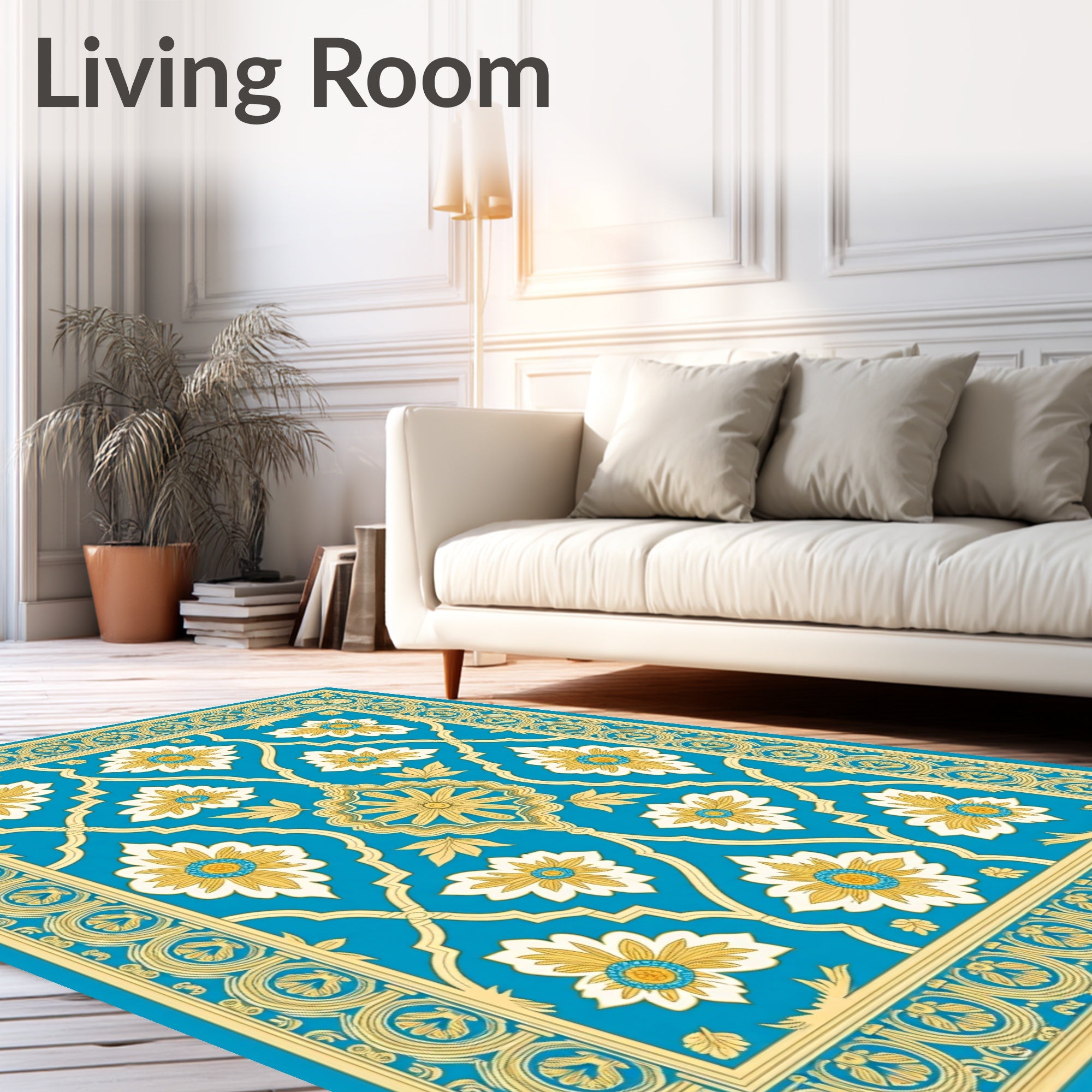 Turquoise Floral Medallion Ivory Gold Border Rug