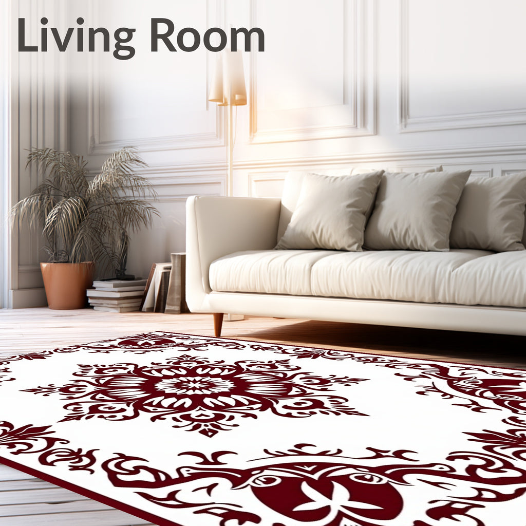 Deep Red Floral Mandala Border Rug