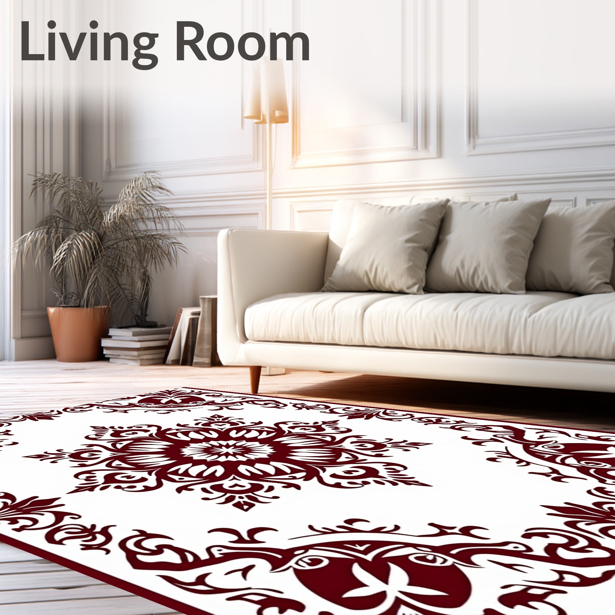Deep Red Floral Mandala Border Rug