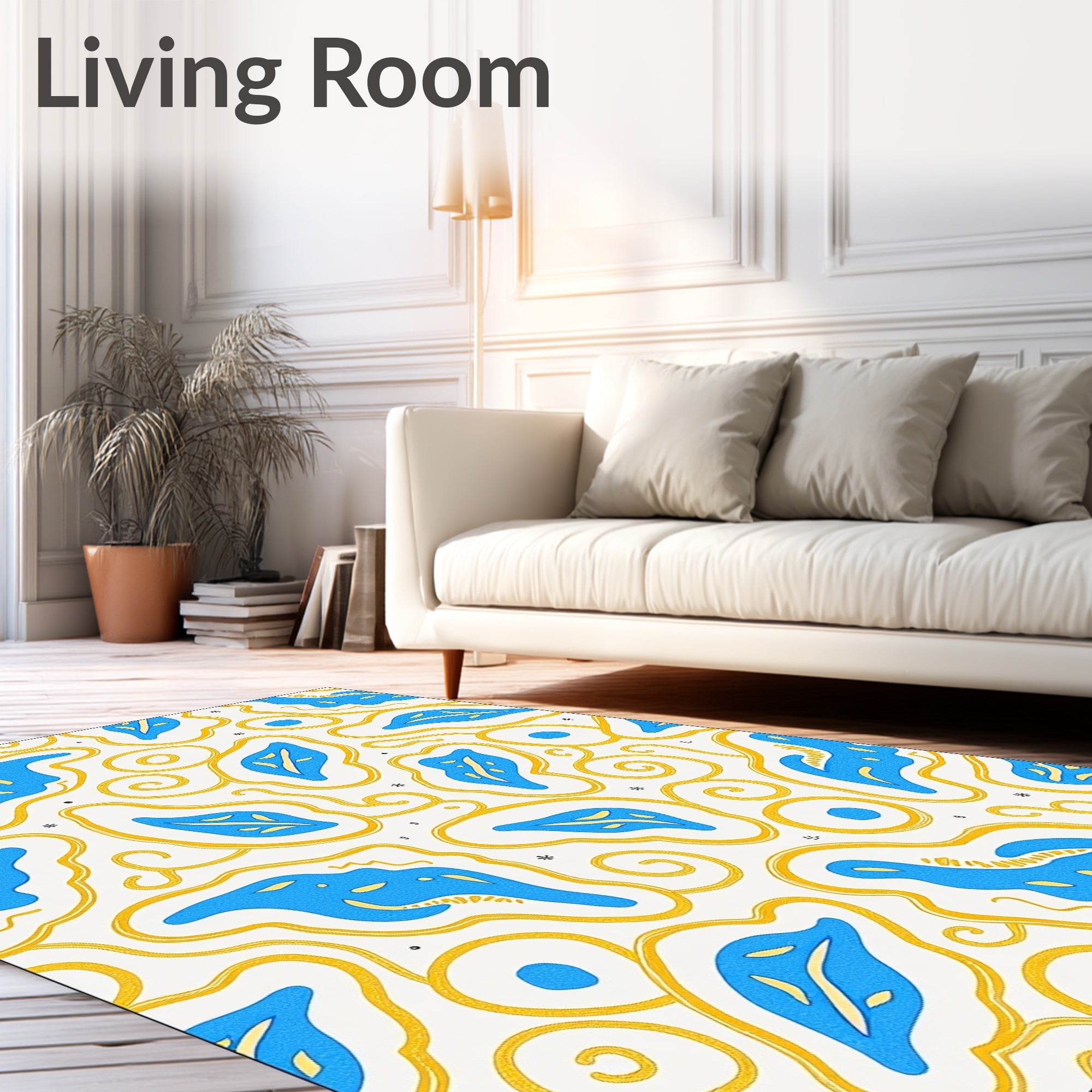 Mid-Century Abstract Blue Yellow Shapes Rug