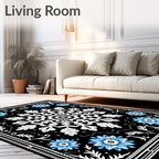 Black White Blue Snowflake Medallion Rug