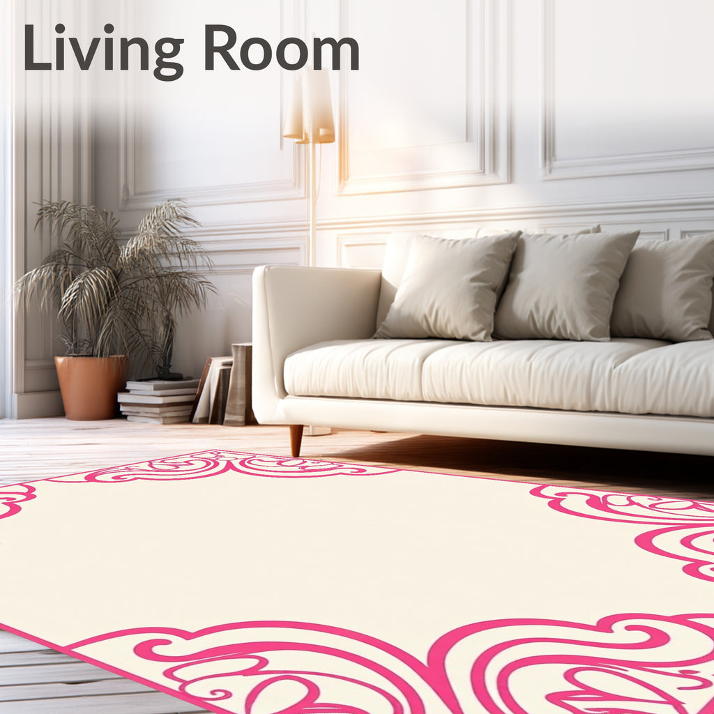 Vibrant Pink Floral Scroll Border Rug
