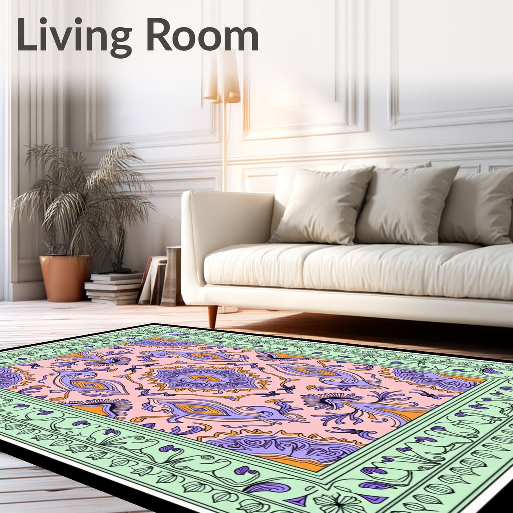 Pale Pink Purple Orange Ornate Border Rug