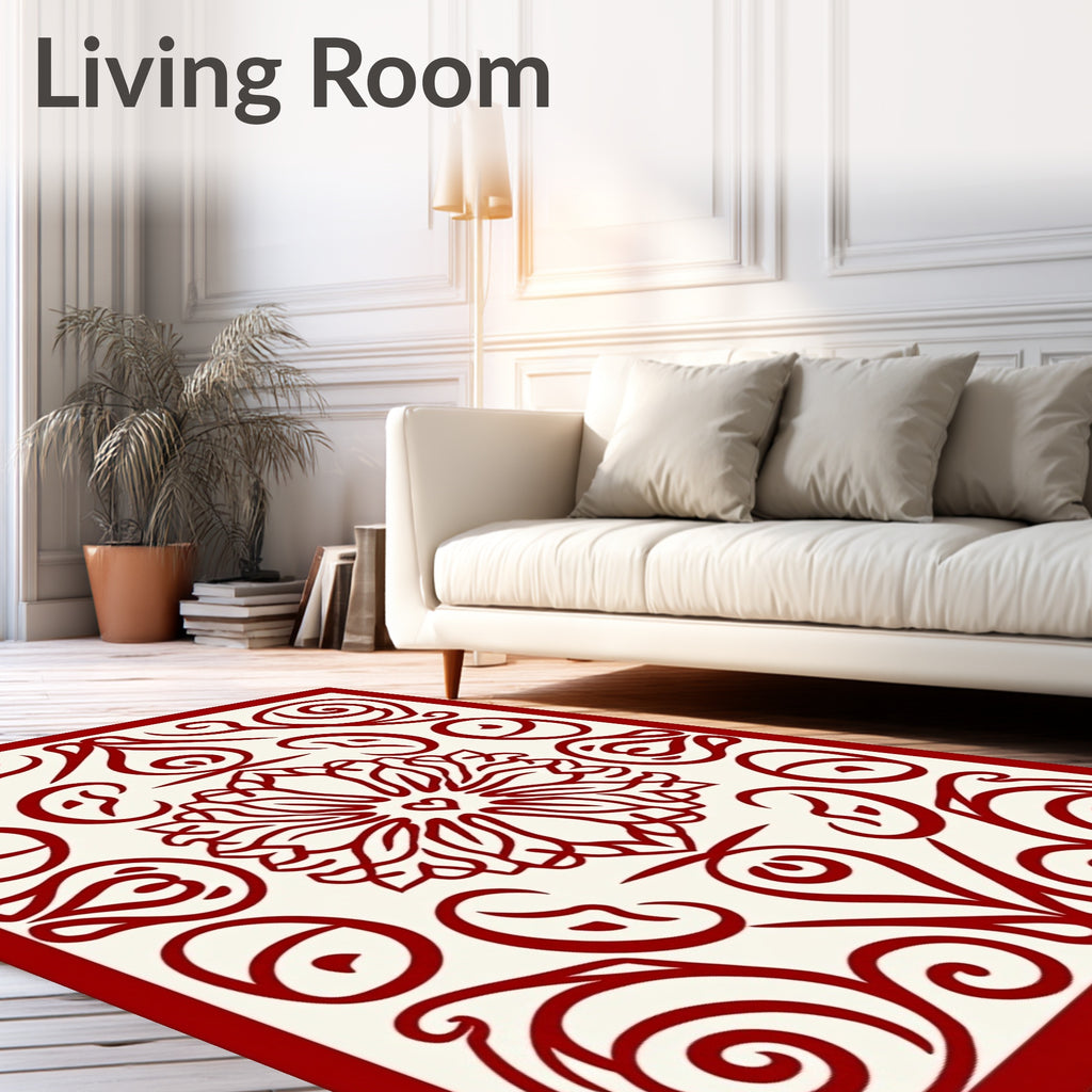 Crimson Floral Heart Medallion Swirls Rug