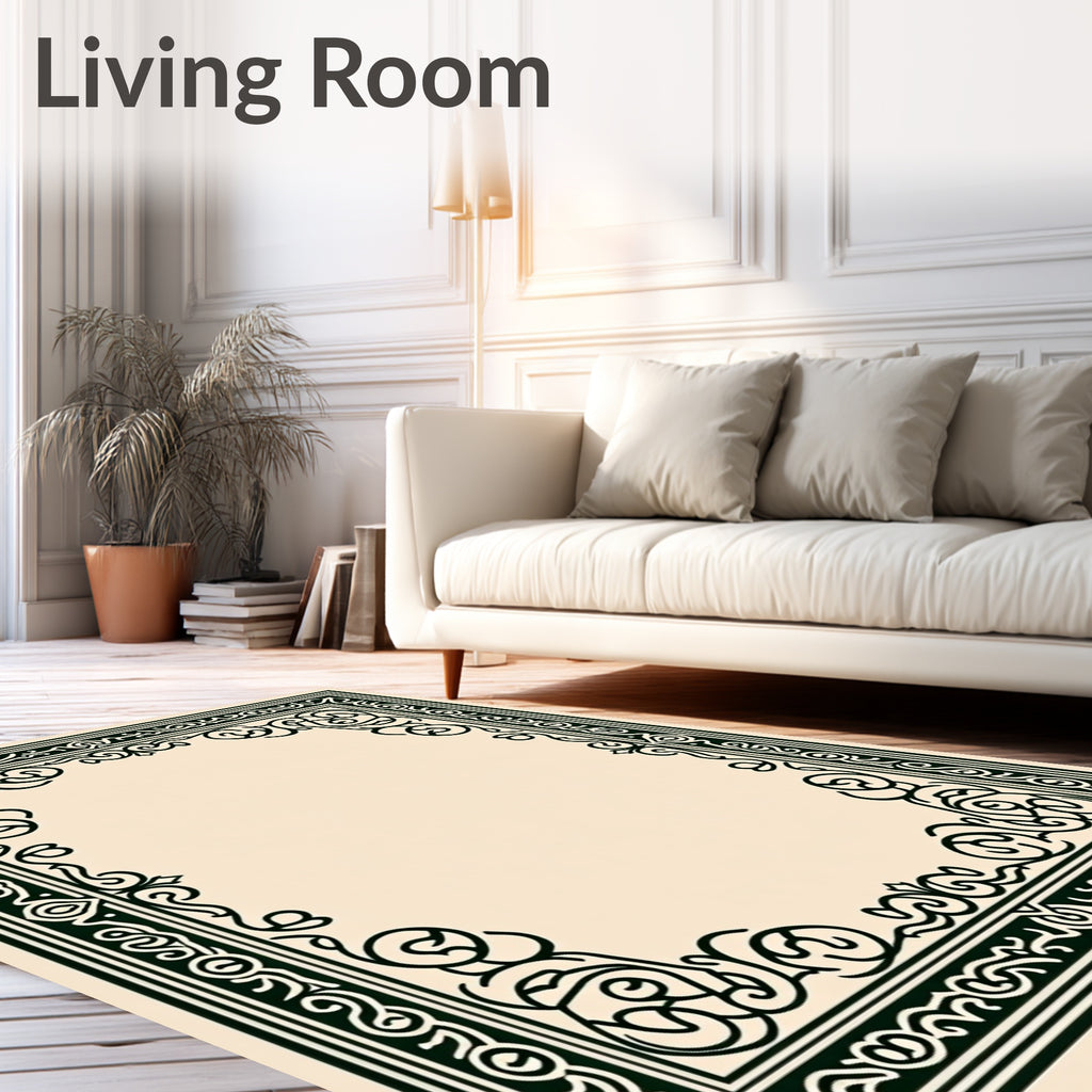 Dark Green Ornate Scrollwork Centerpiece Rug