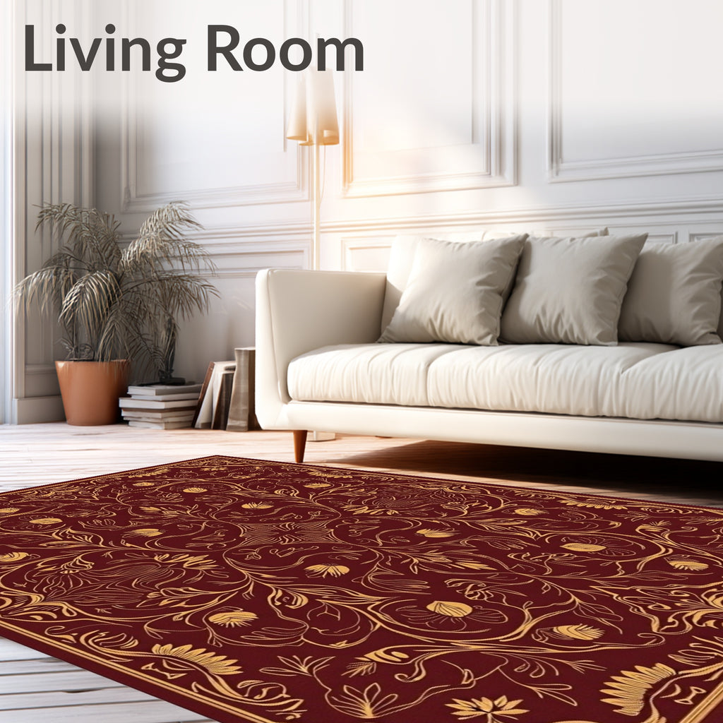 Rich Crimson Golden Floral Vine Rug