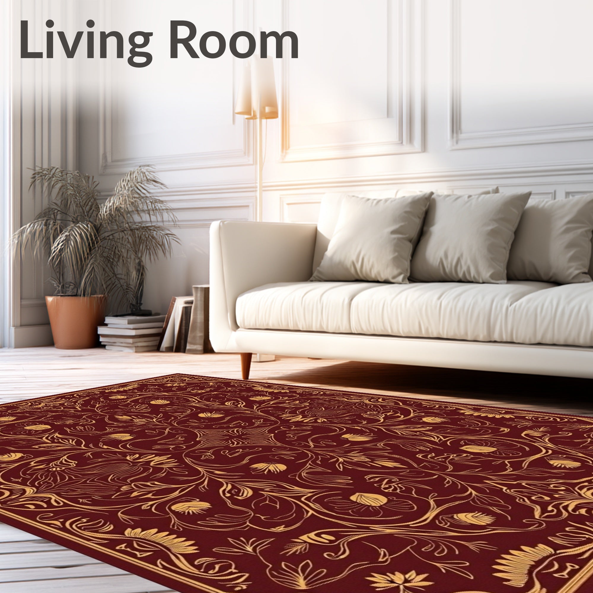 Rich Crimson Golden Floral Vine Rug