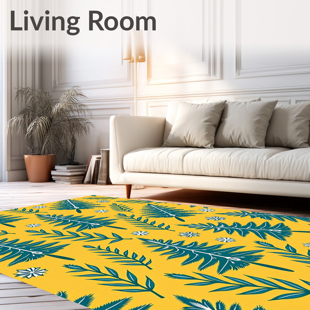 Teal Pine Tree Floral Yellow Background Rug