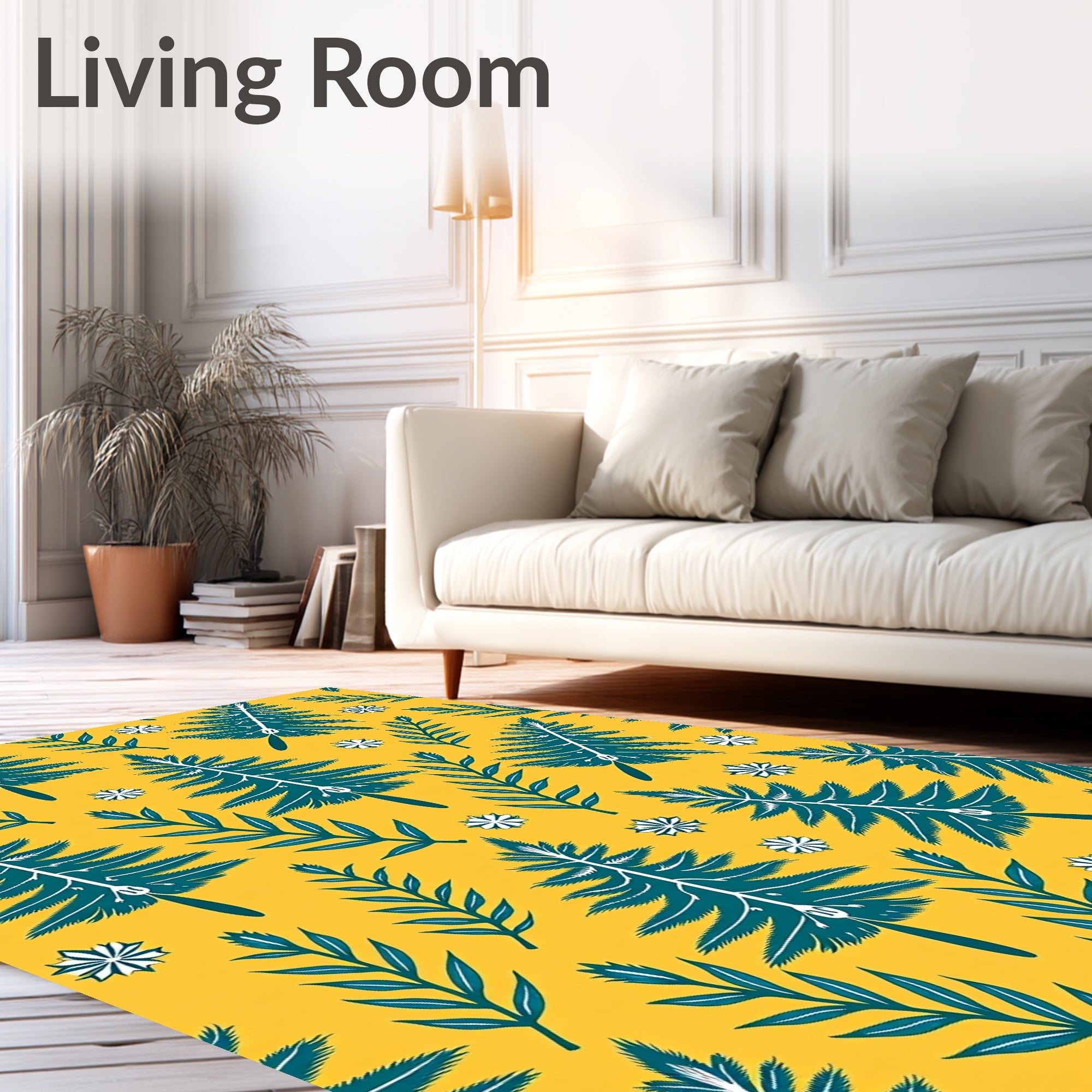 Teal Pine Tree Floral Yellow Background Rug