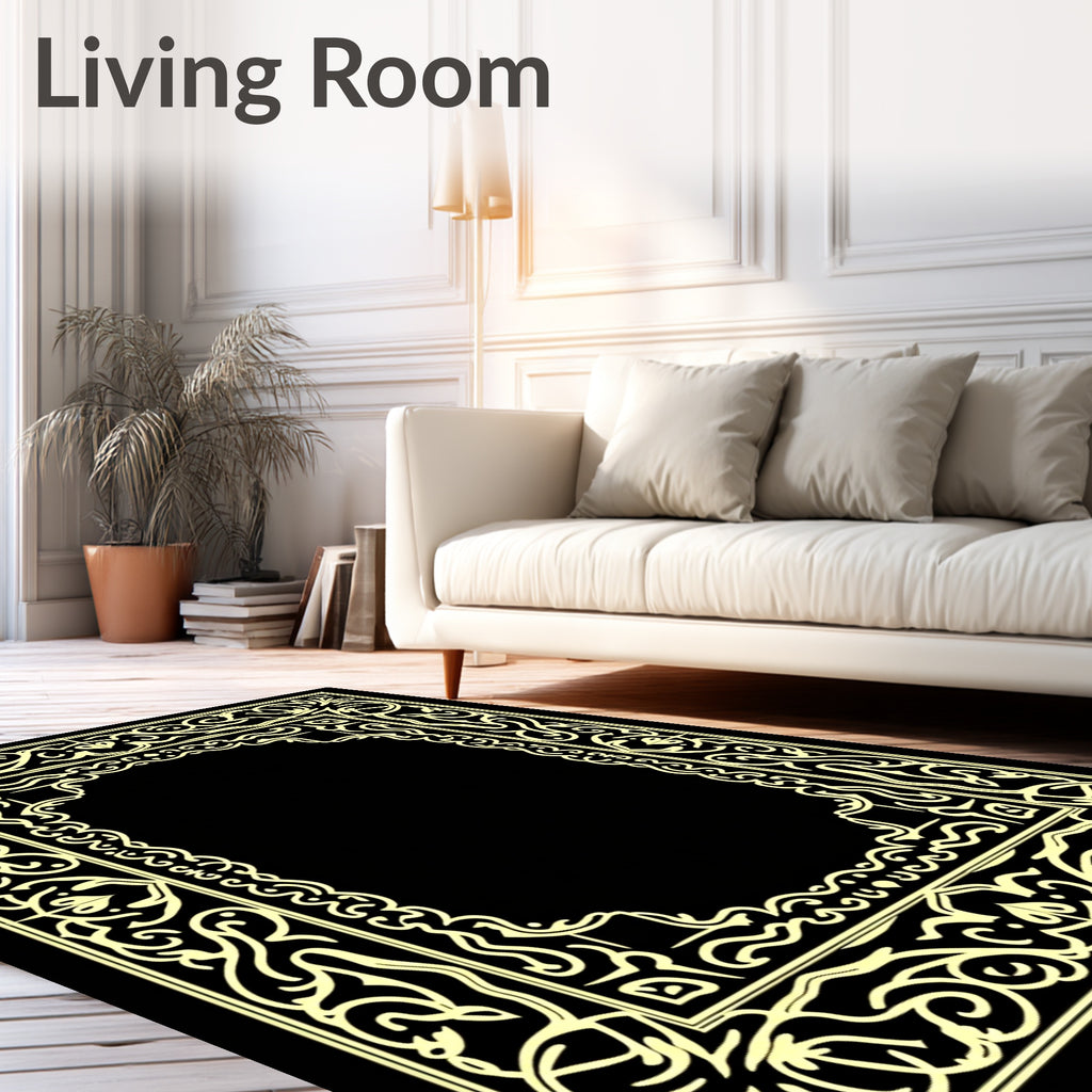 Ornate Yellow Scrollwork Border Rug