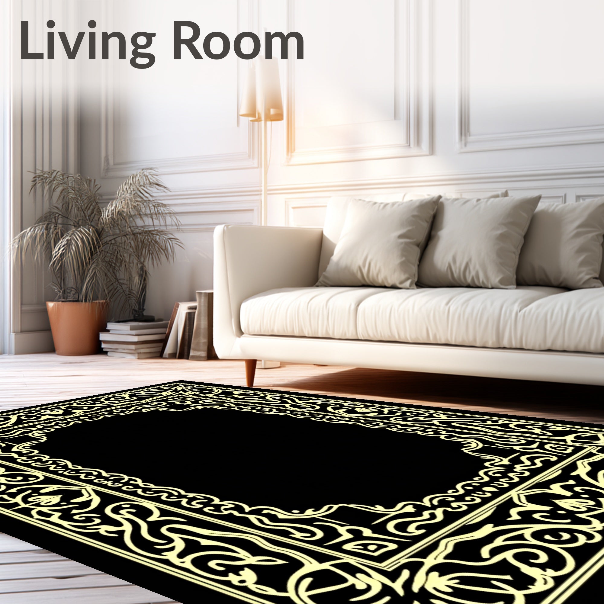 Ornate Yellow Scrollwork Border Rug