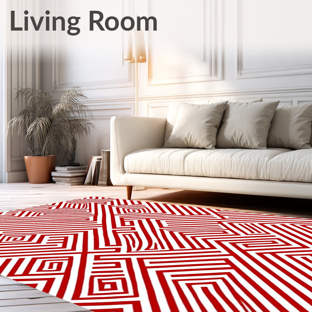 Fiery Red Abstract Labyrinth Lines Rug