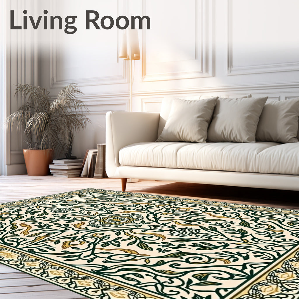 Elegant Cream Green Floral Vine Rug