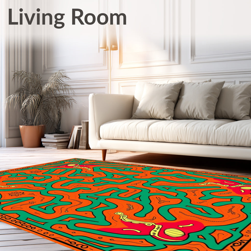 Vibrant Orange Green Tribal Maze Rug