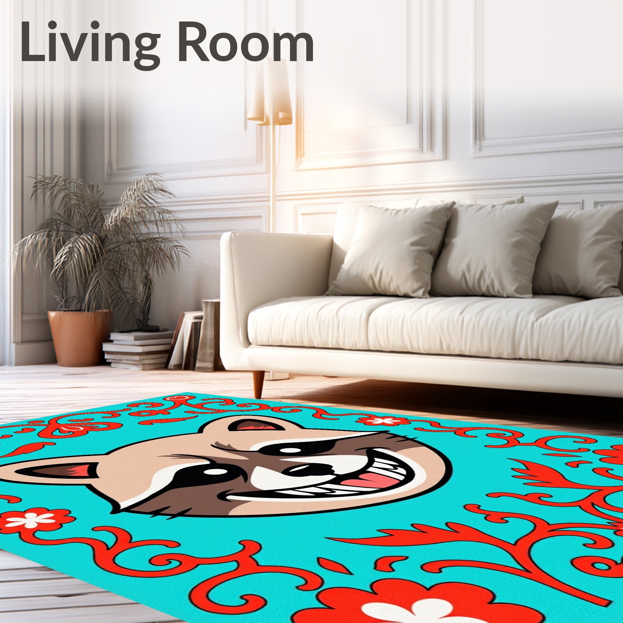 Cheshire Raccoon Teal Floral Scroll Rug