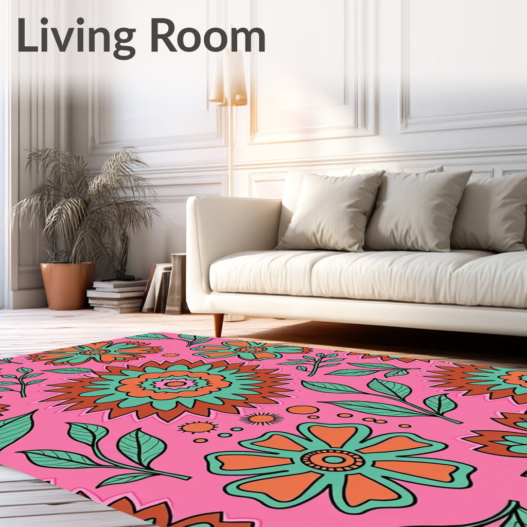Whimsical Pink Floral Sunburst Rug