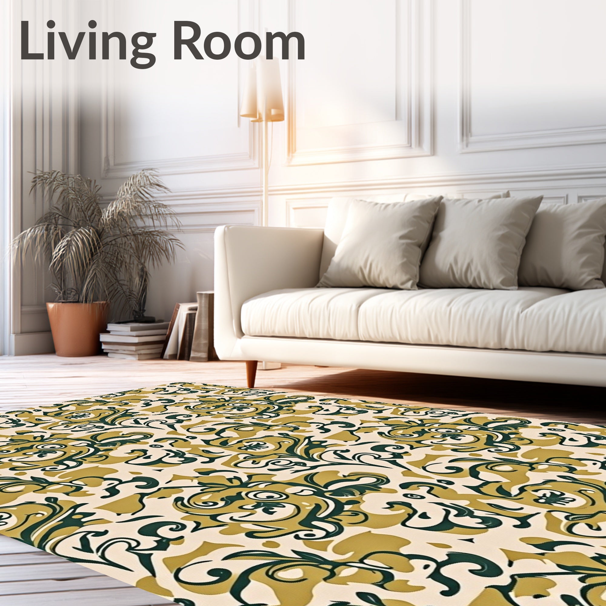 Gold Navy Scrolling Floral Swirl Rug