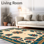 Teal Crimson Floral Sunburst Border Rug