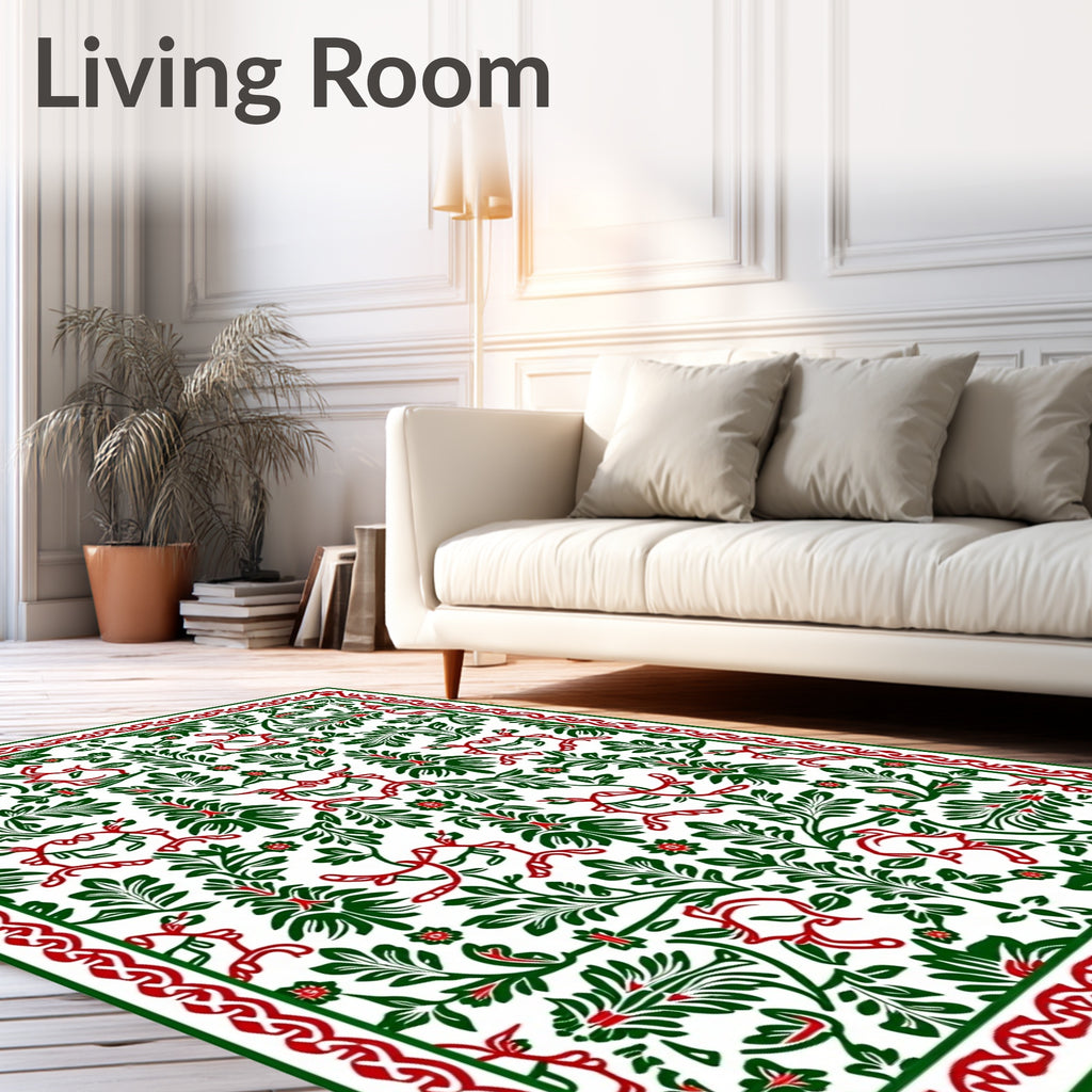 Intricate Red Green Floral Scroll Rug