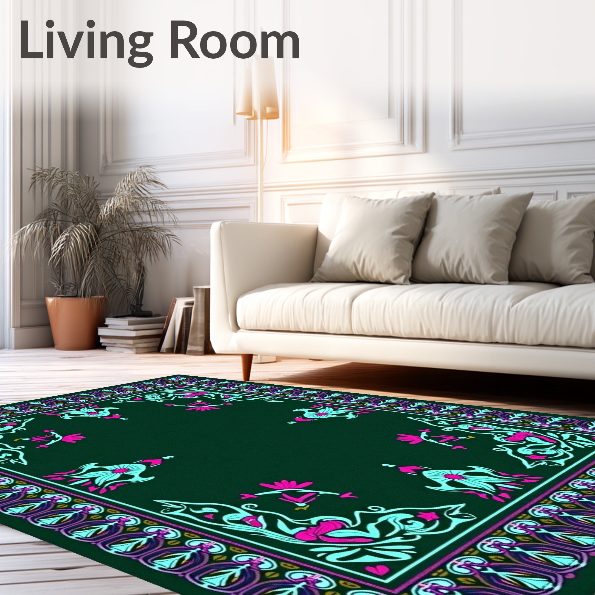 Art Nouveau Teal Pink Floral Frame Rug