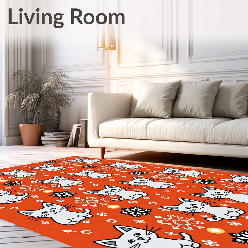 Whimsical White Kittens Snowflakes Orange Rug