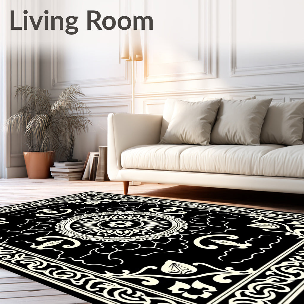 Black Ivory Floral Medallion Frame Rug