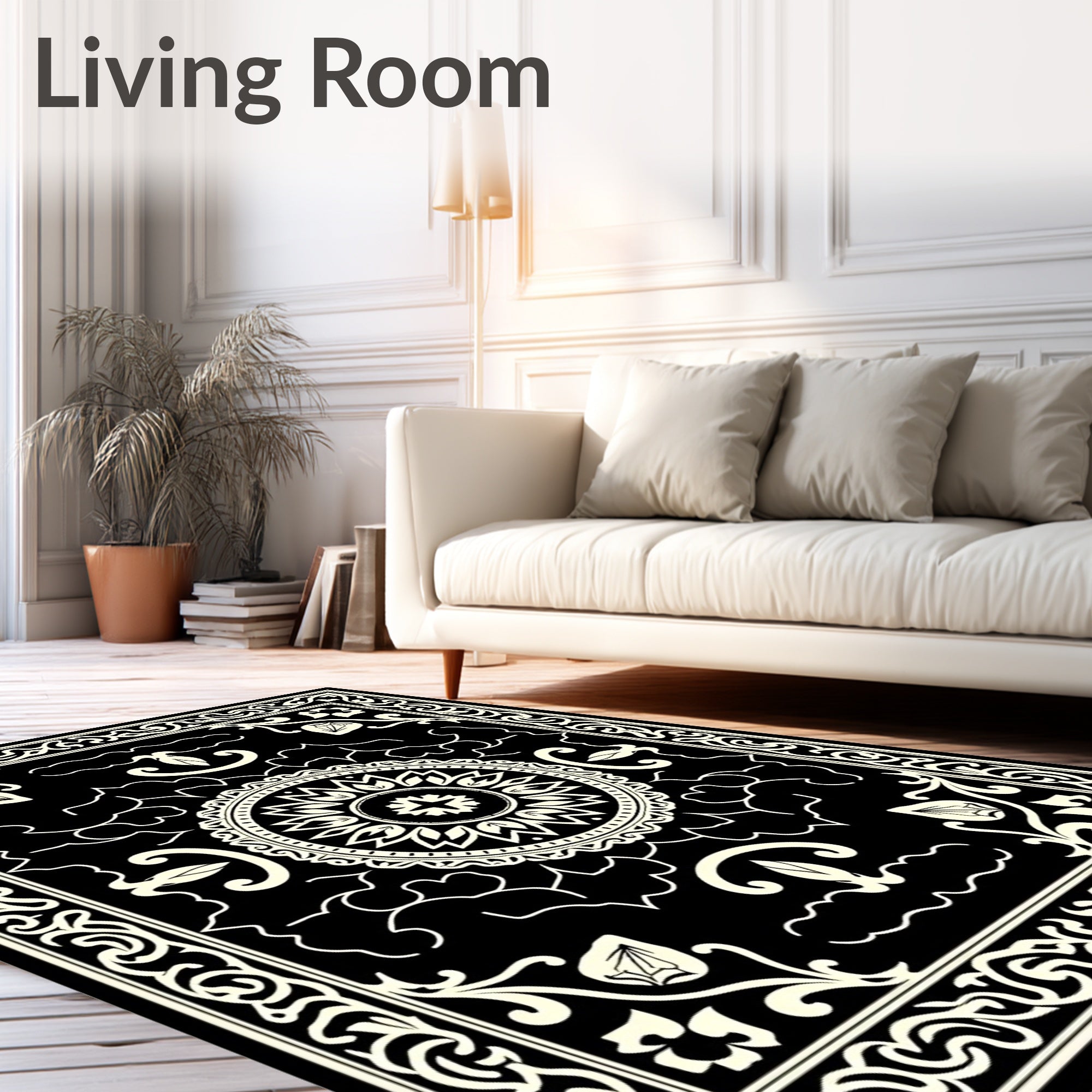 Black Ivory Floral Medallion Frame Rug