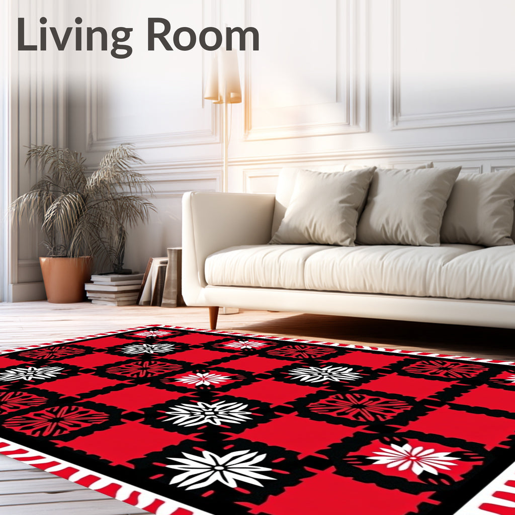 Bold Red Black Floral Check Rug