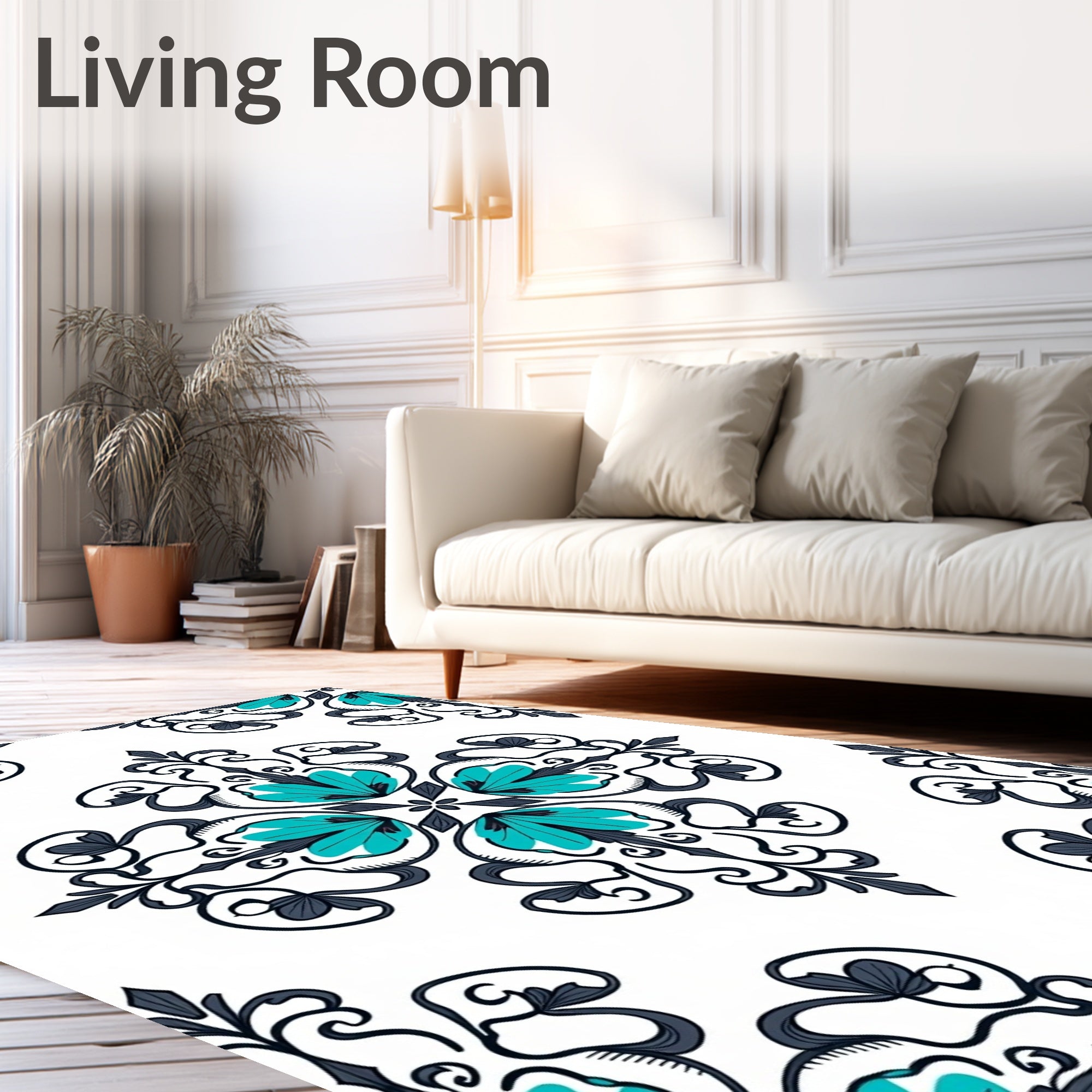 Teal Aqua Floral Damask Scrollwork Rug