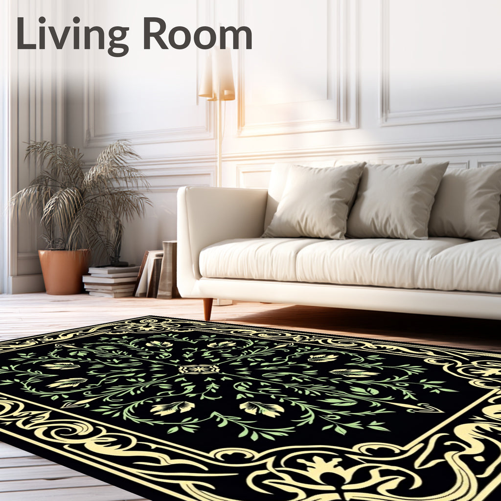 Black Green Floral Scroll Frame Rug