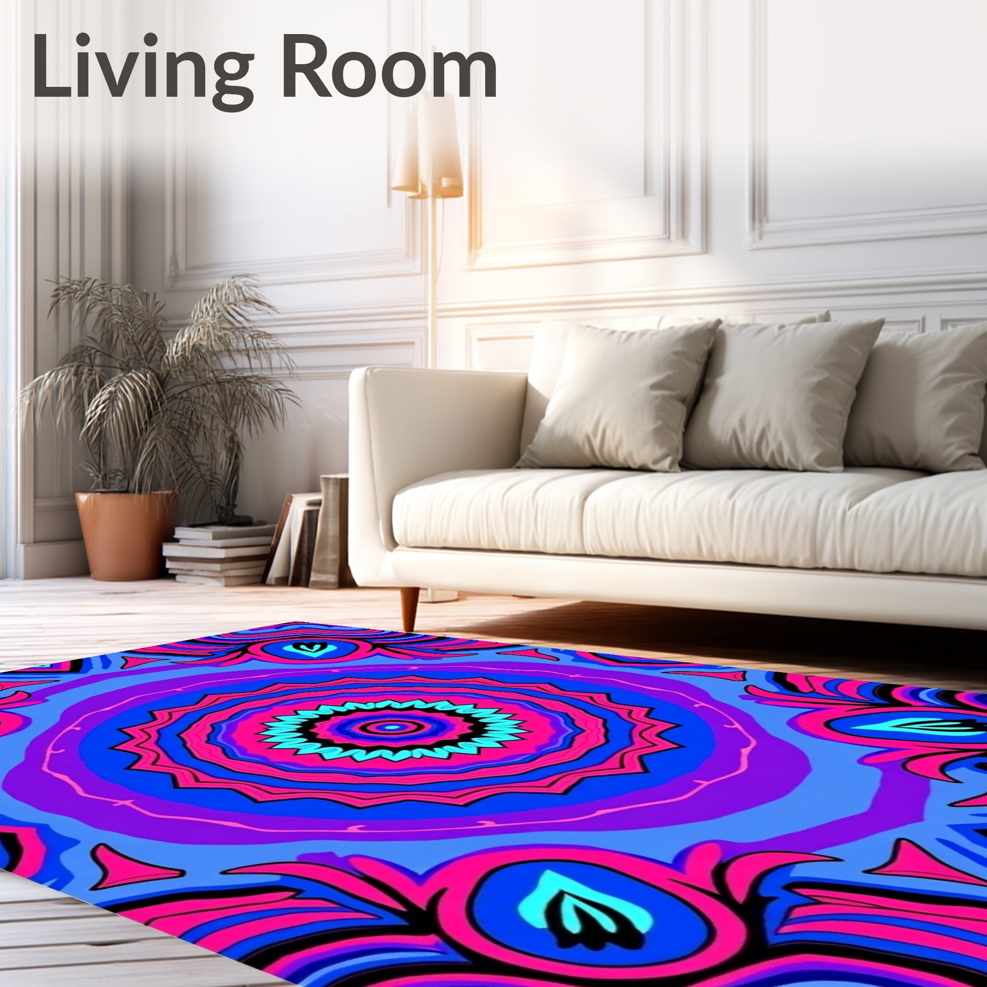 Vibrant Blue Pink Symmetrical Mandala Rug