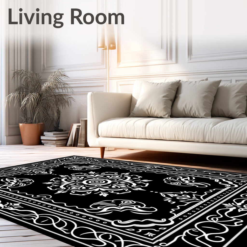 Black White Baroque Floral Medallion Rug