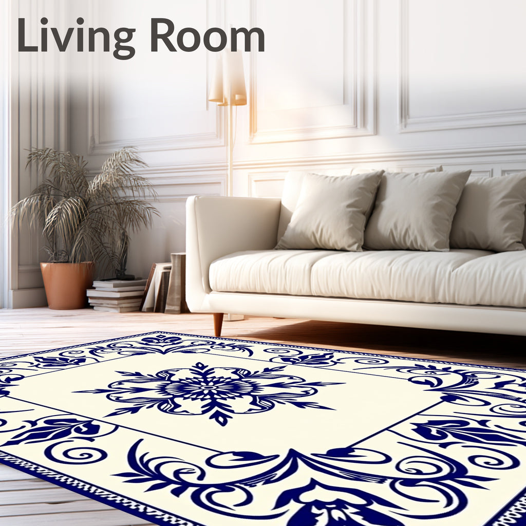 Navy Blue Floral Medallion Scrollwork Rug