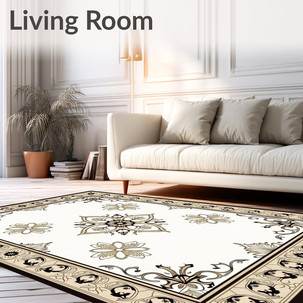 Cream and Black Medallion Border Rug