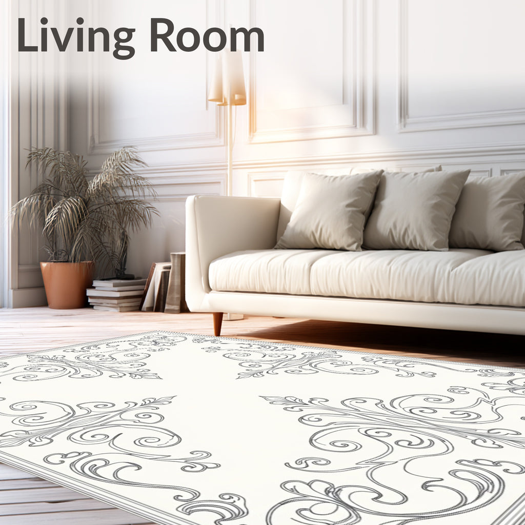 Ornate Gray Filigree Scrollwork Rug