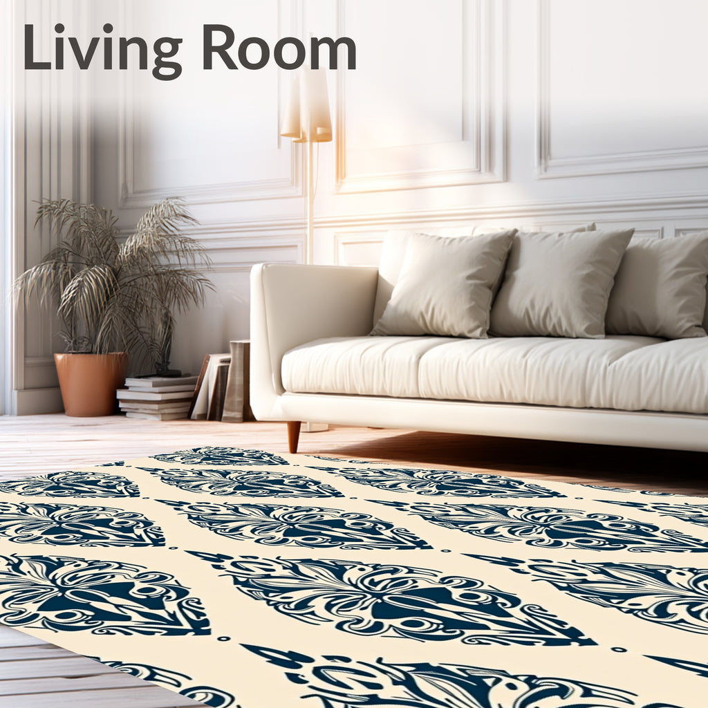 Deep Navy Damask Oval Bloom Rug