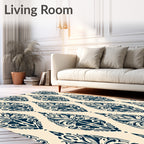 Deep Navy Damask Oval Bloom Rug