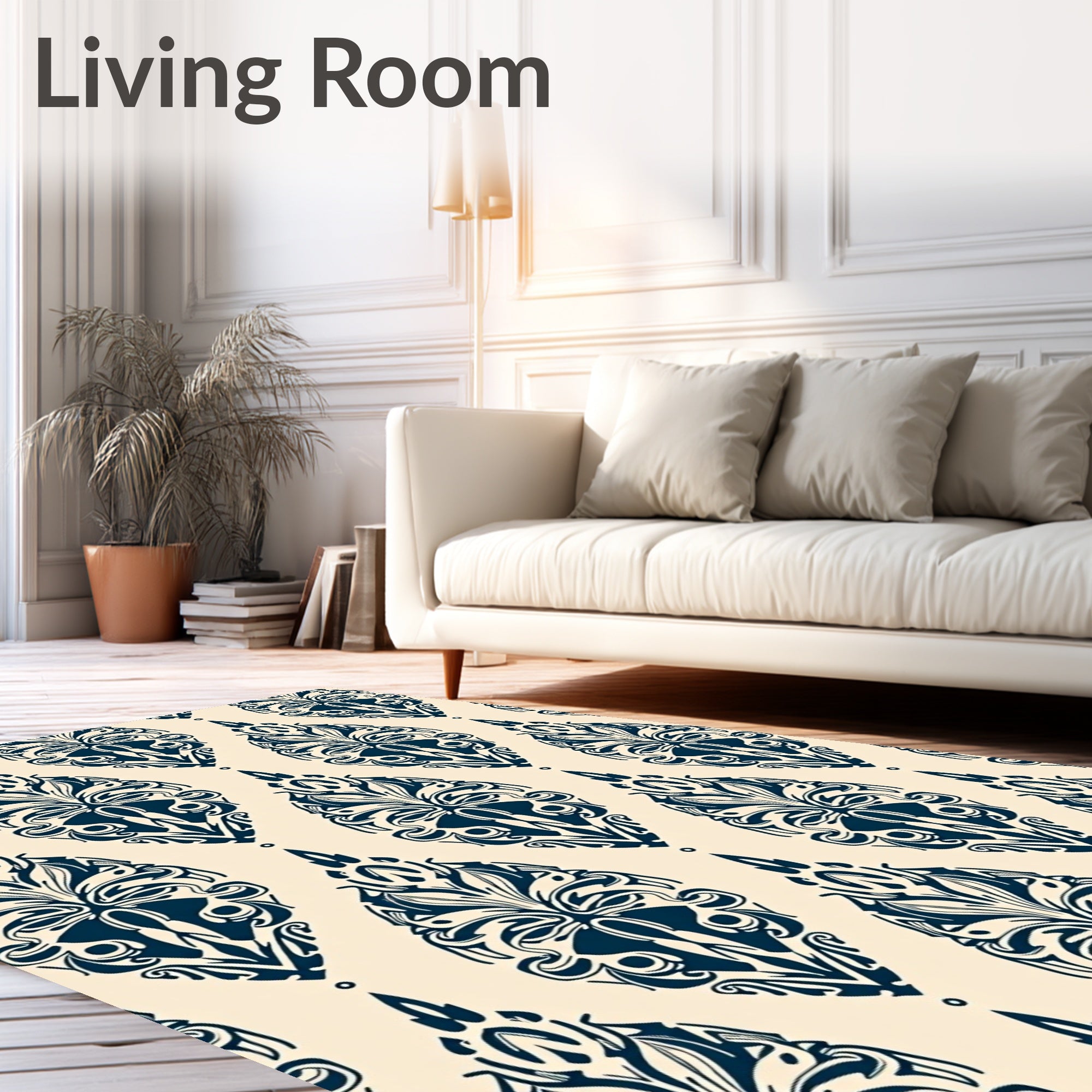 Deep Navy Damask Oval Bloom Rug