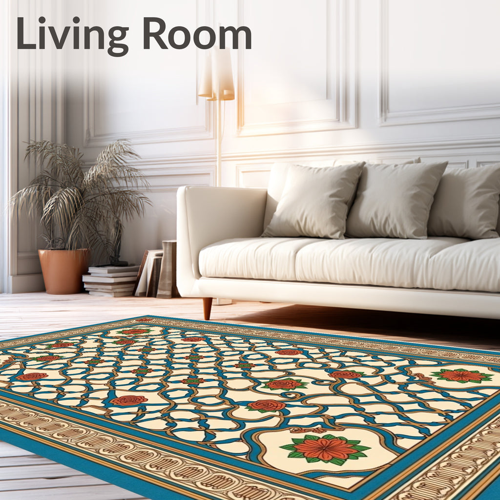 Turquoise Cream Rose Lattice Border Rug