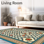 Turquoise Cream Rose Lattice Border Rug