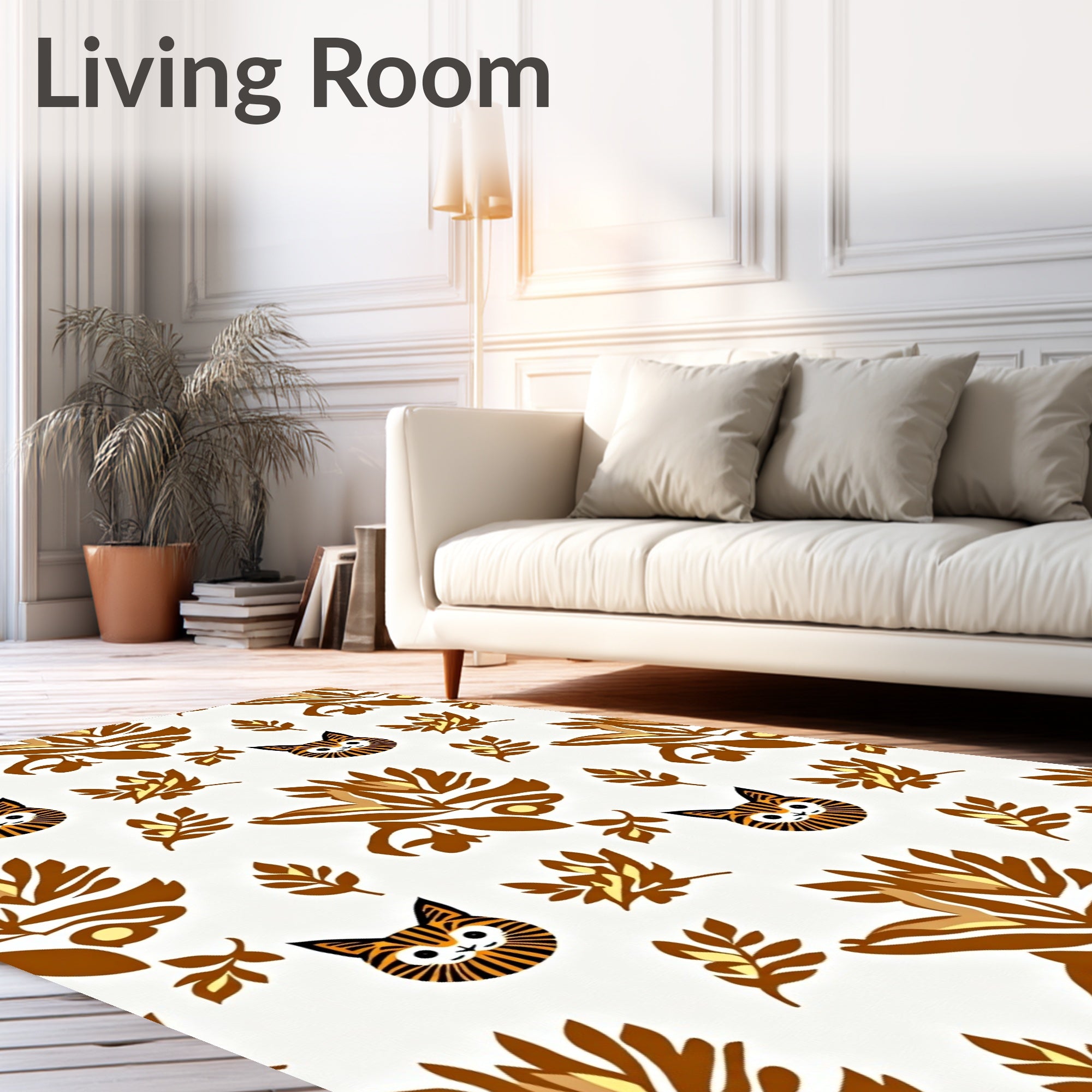 Whimsical Cat and Leaf Medallion Rug