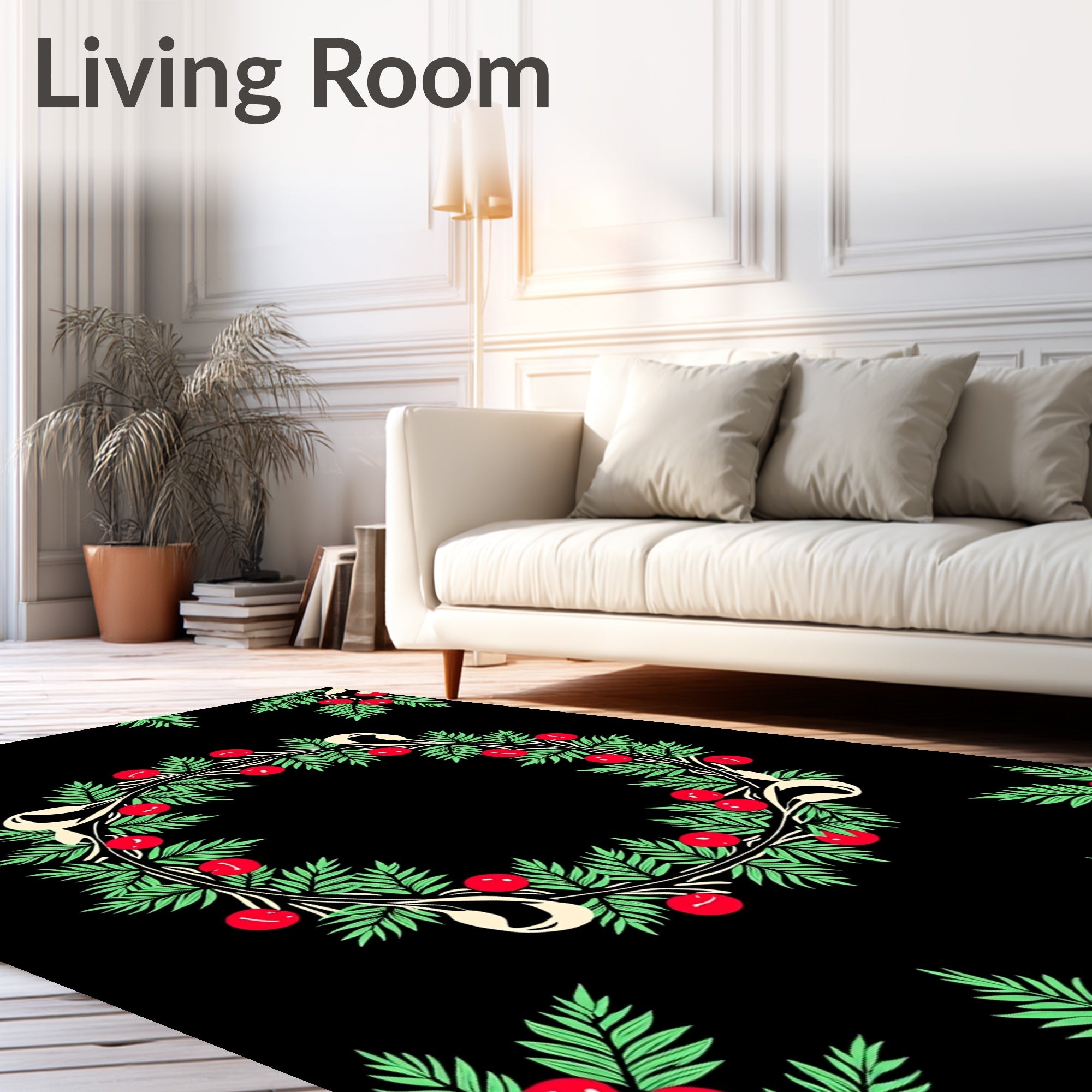 Festive Green Berry Laurel Ribbon Wreath Rug