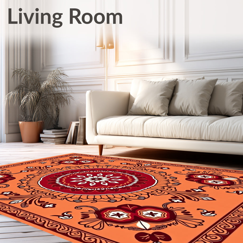 Vibrant Orange Red Floral Medallion Rug