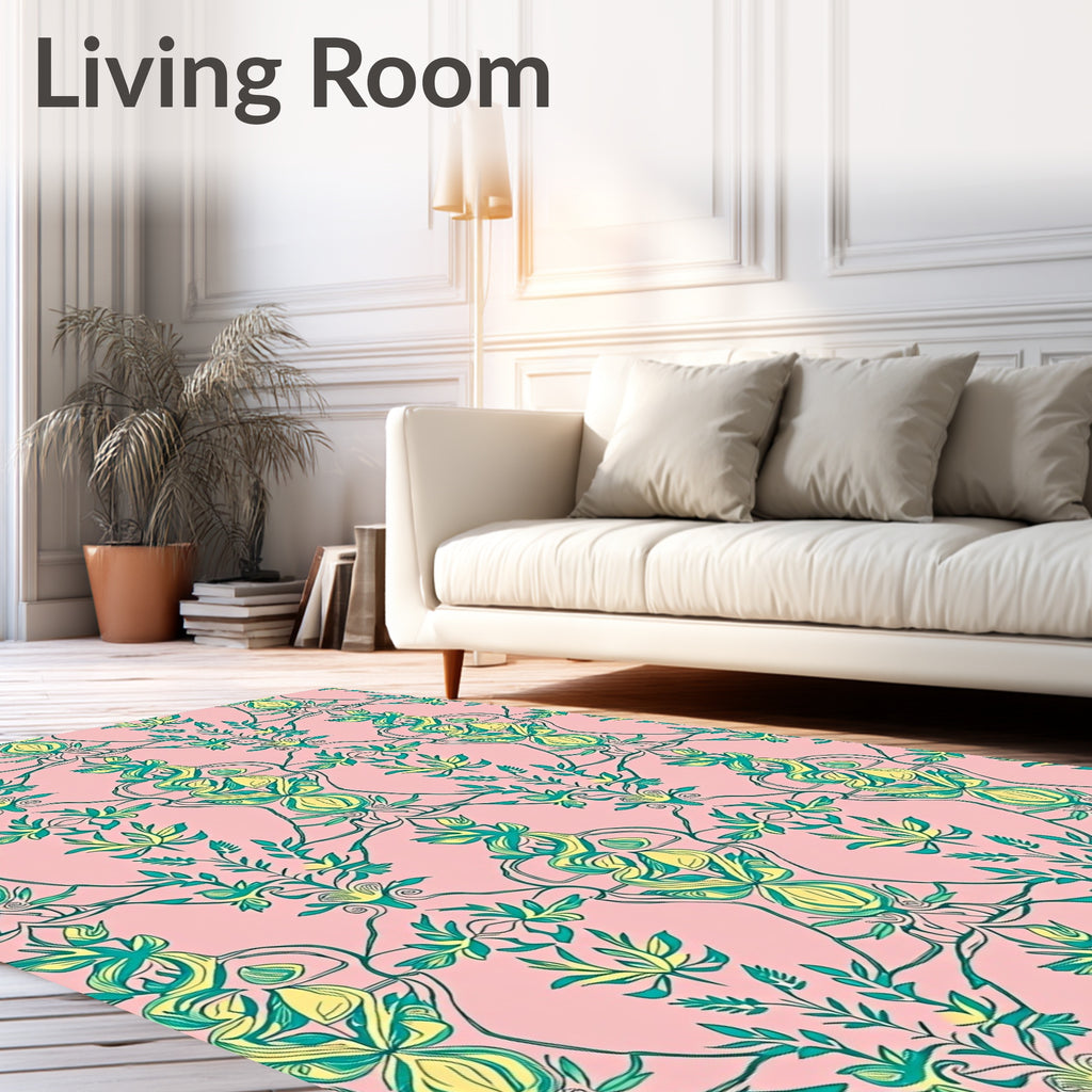Pink Teal Yellow Botanical Vine Arrangement Rug