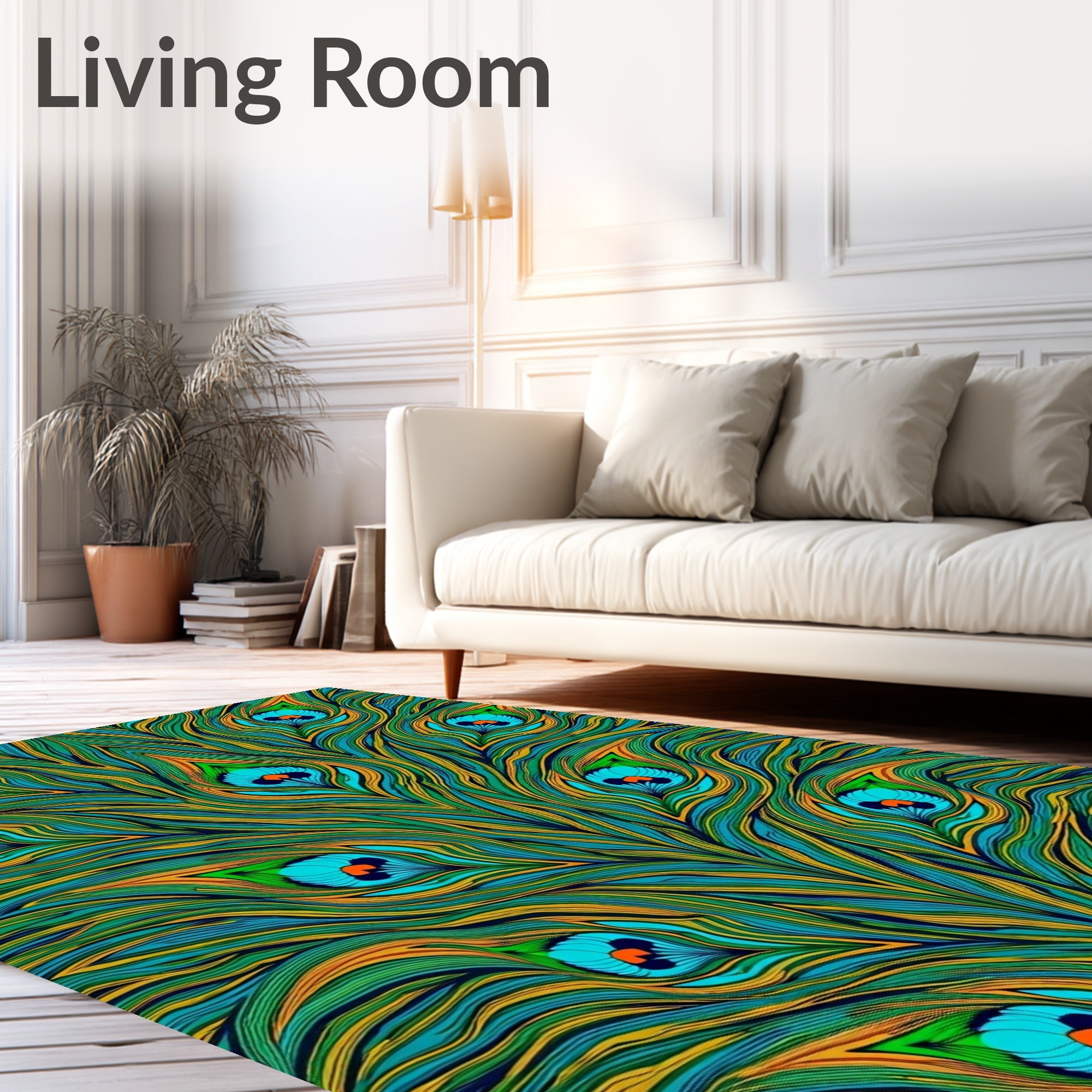 Opulent Teal Peacock Feather Art Rug
