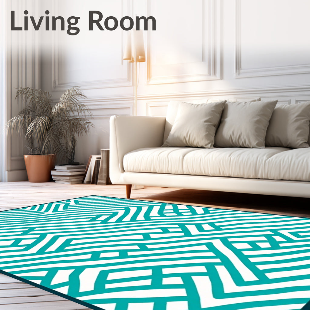 Teal White Abstract Geometric Maze Rug