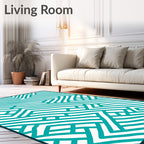 Teal White Abstract Geometric Maze Rug