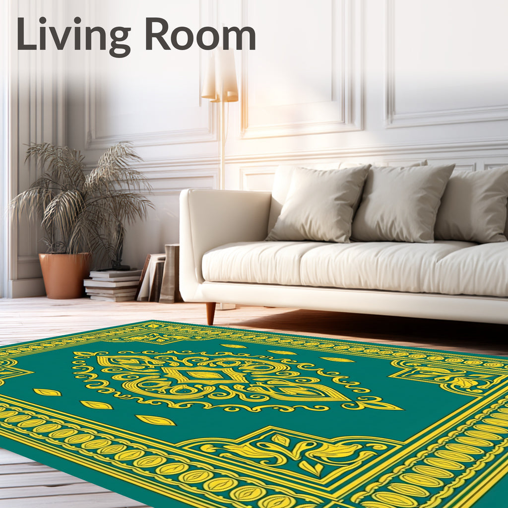 Emerald Teal Golden Floral Medallion Rug