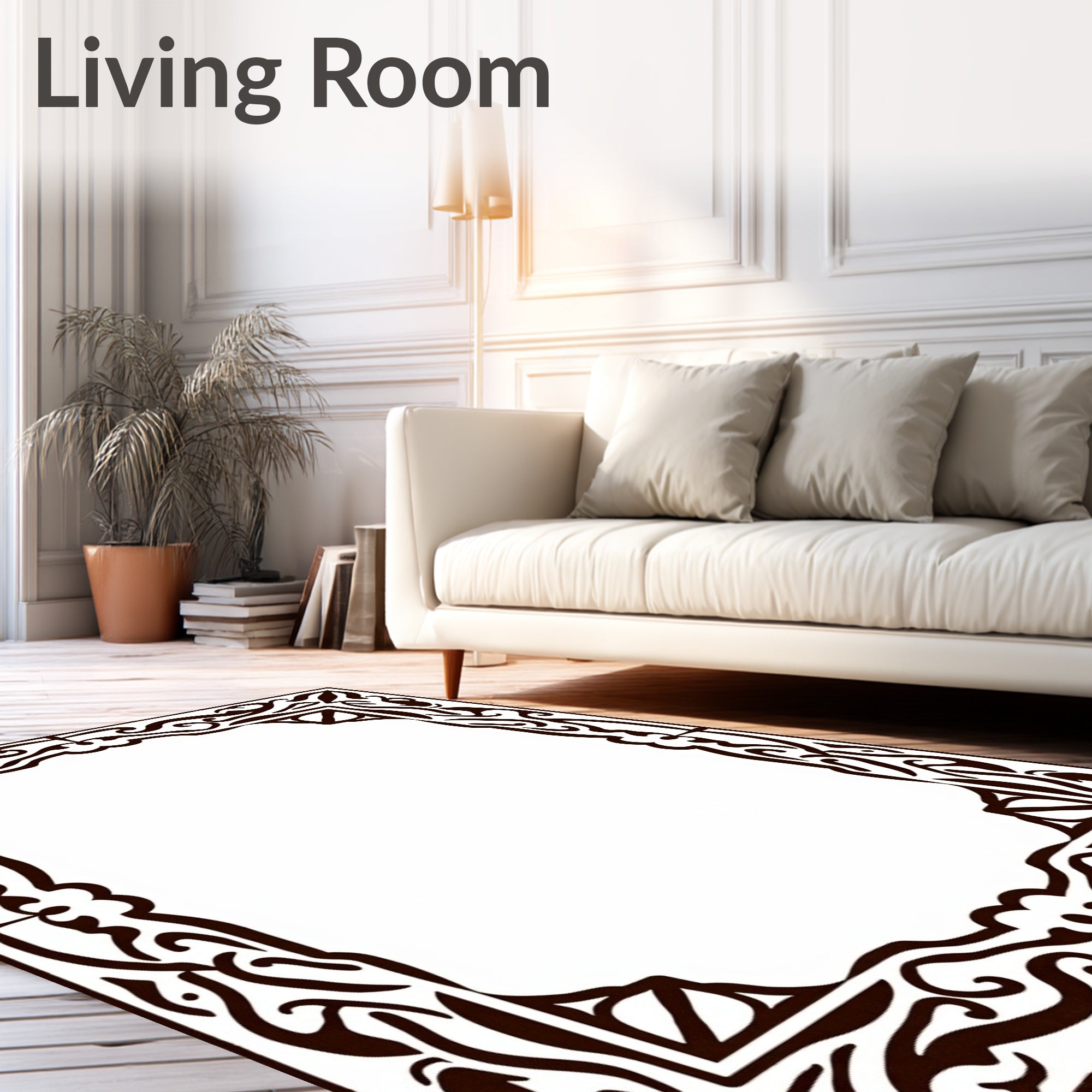 Dark Brown Ornamental Flourish Frame Rug