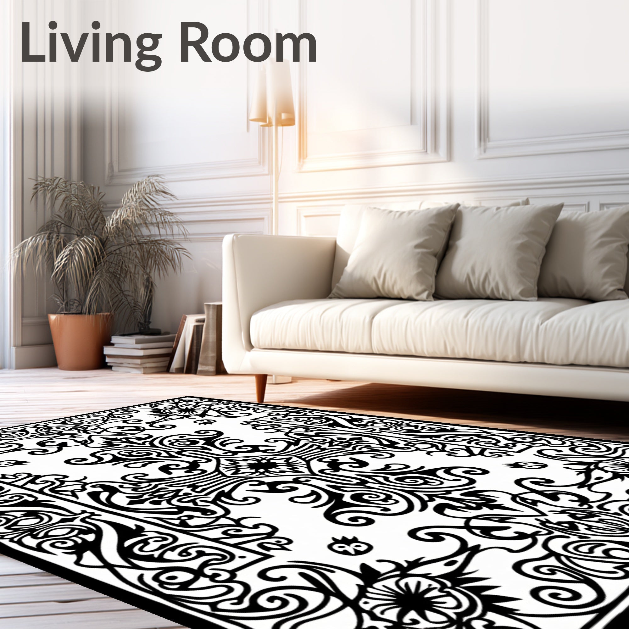 Monochromatic Ornate Scroll Floral Medallion Rug